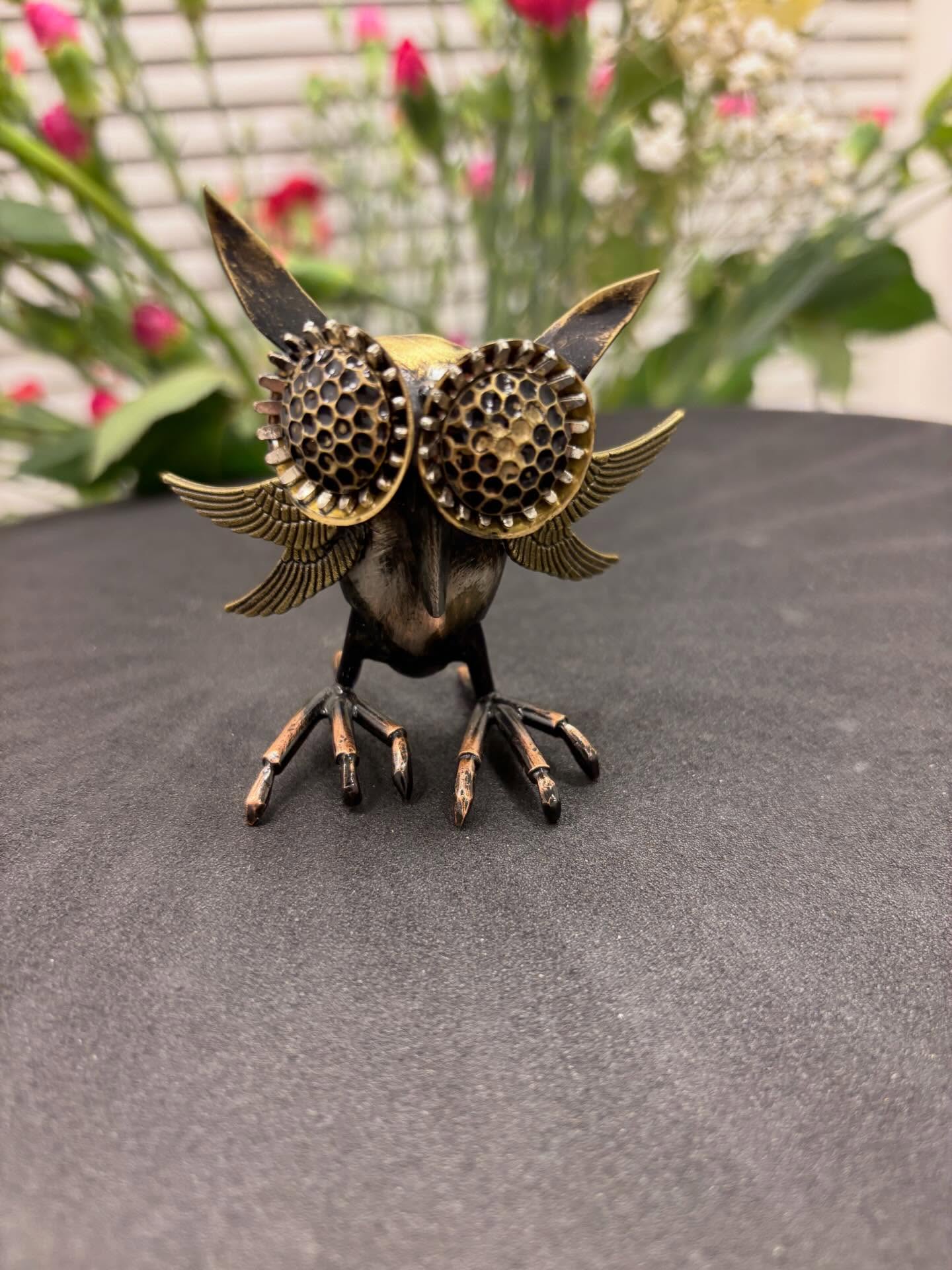 handmade brass owl sculpture detailed metal art object